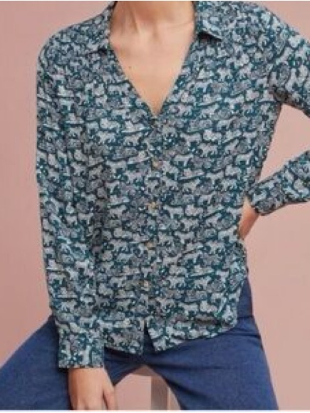 Anthropologie Maeve Tiger Animal Print Button V-Neck Woven Rayon Blouse Size 6